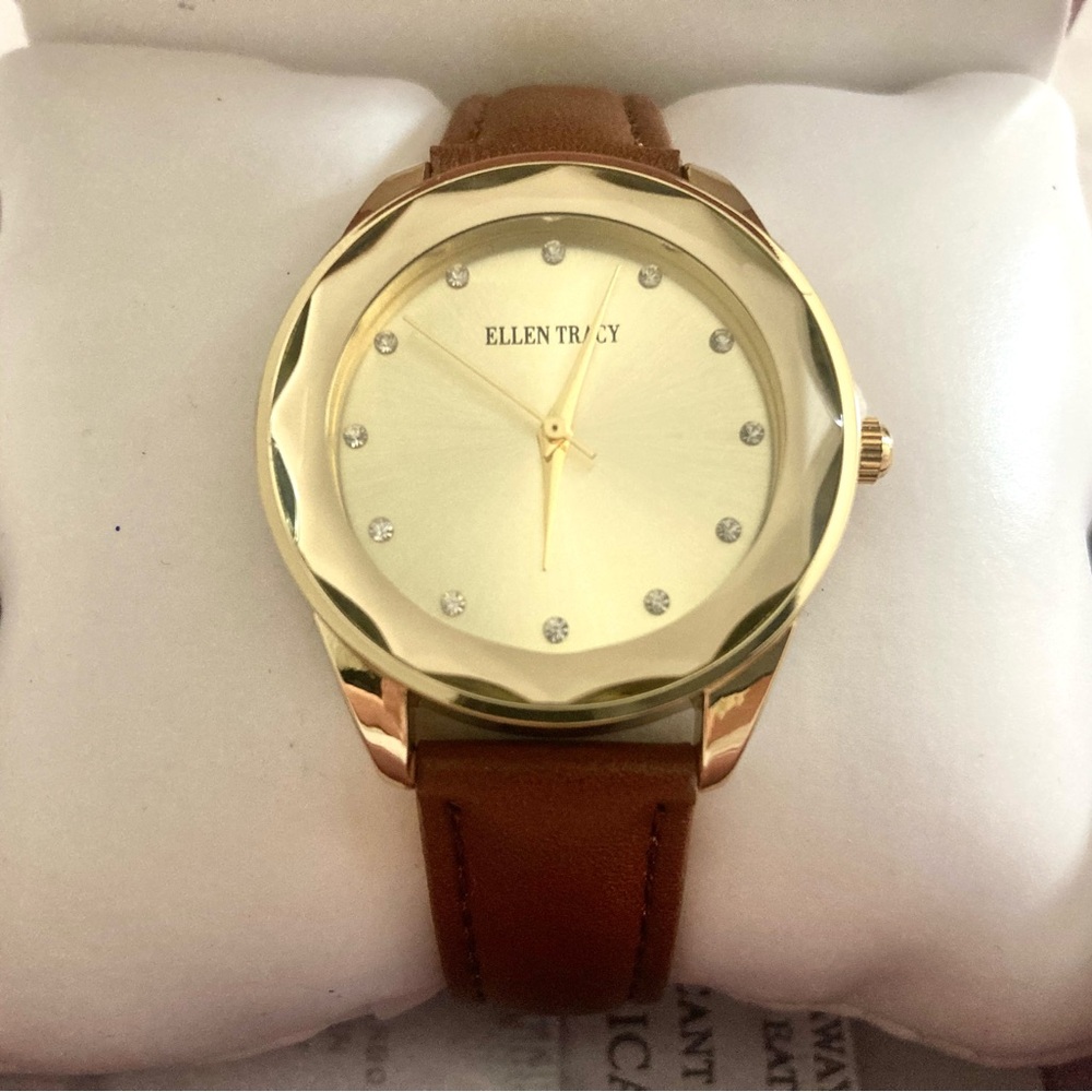 Ellen Tracy Gold-Tone Watch with Brown Adjustable Strap NIB